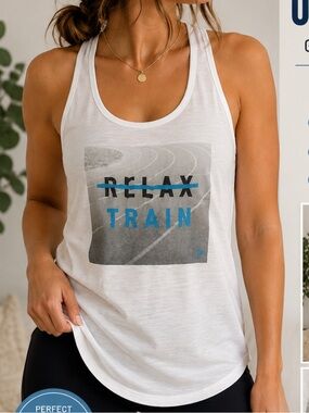 Old Navy White Graphic Tank Top | XS “Relax / Train” Track Print Athletic Tank